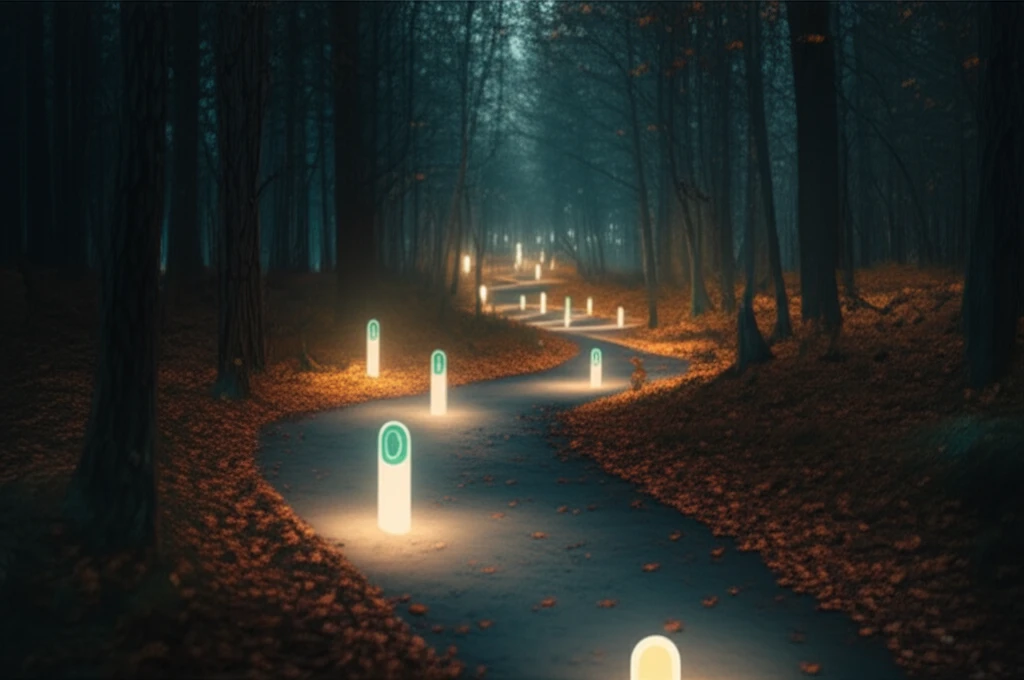 A winding path through a forest, with glowing markers showing the way forward.
