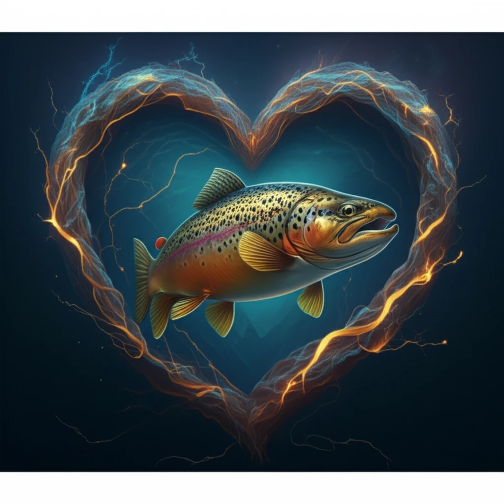 Brown trout swimming in a heart-shaped river, symbolizing new insights into heart rhythm.