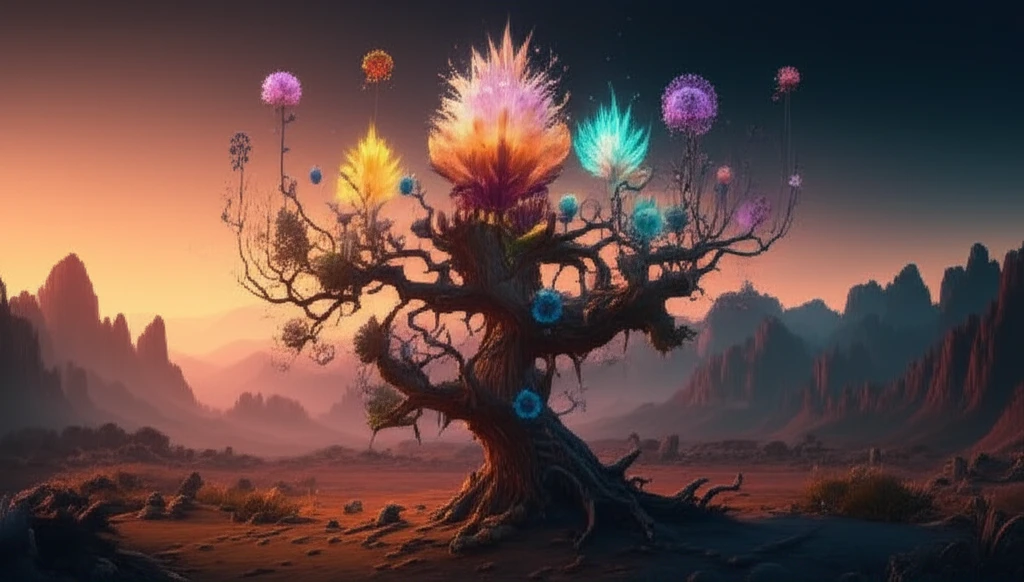 A surreal illustration of a spiny Schinus branch symbolizing plant evolution in South America.