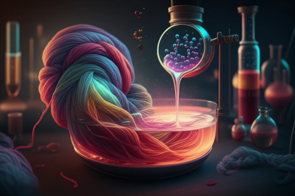 Vibrant wool yarns dyed with eco-friendly chitosan bio-mordant in a modern lab.