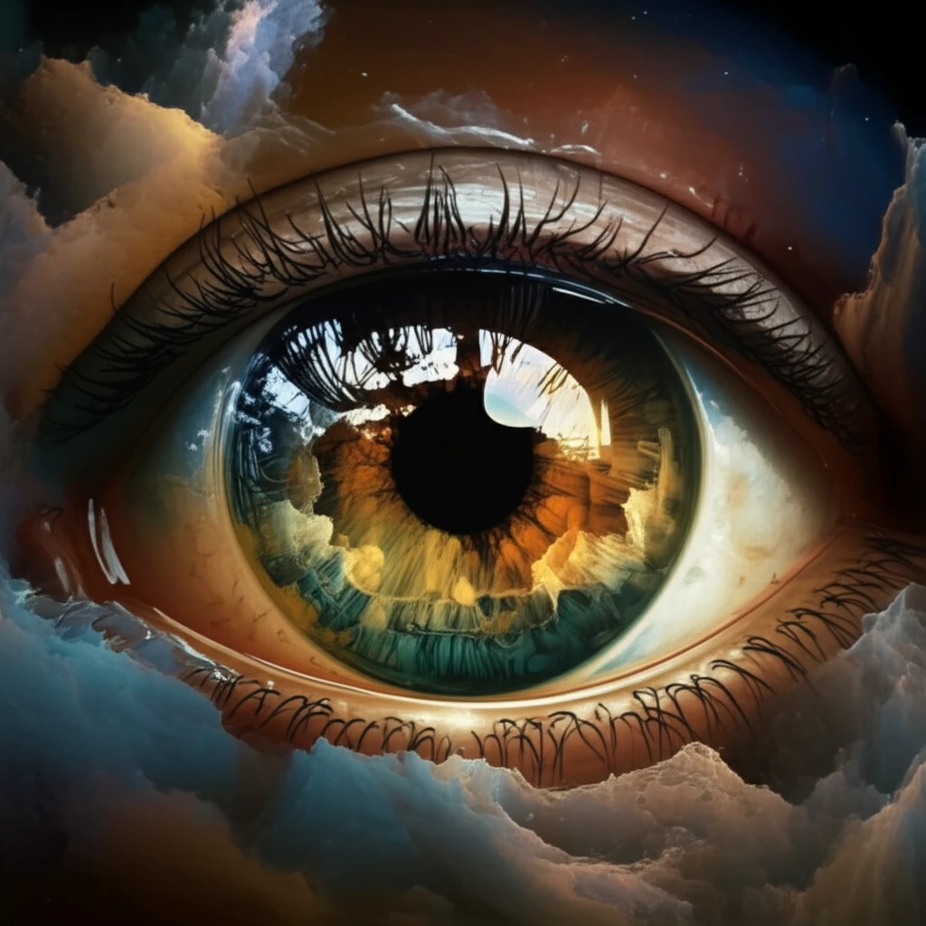 Surreal illustration of an eye with ciliary structures forming the iris, symbolizing retinal development and therapeutic hope for Joubert Syndrome-related vision loss.