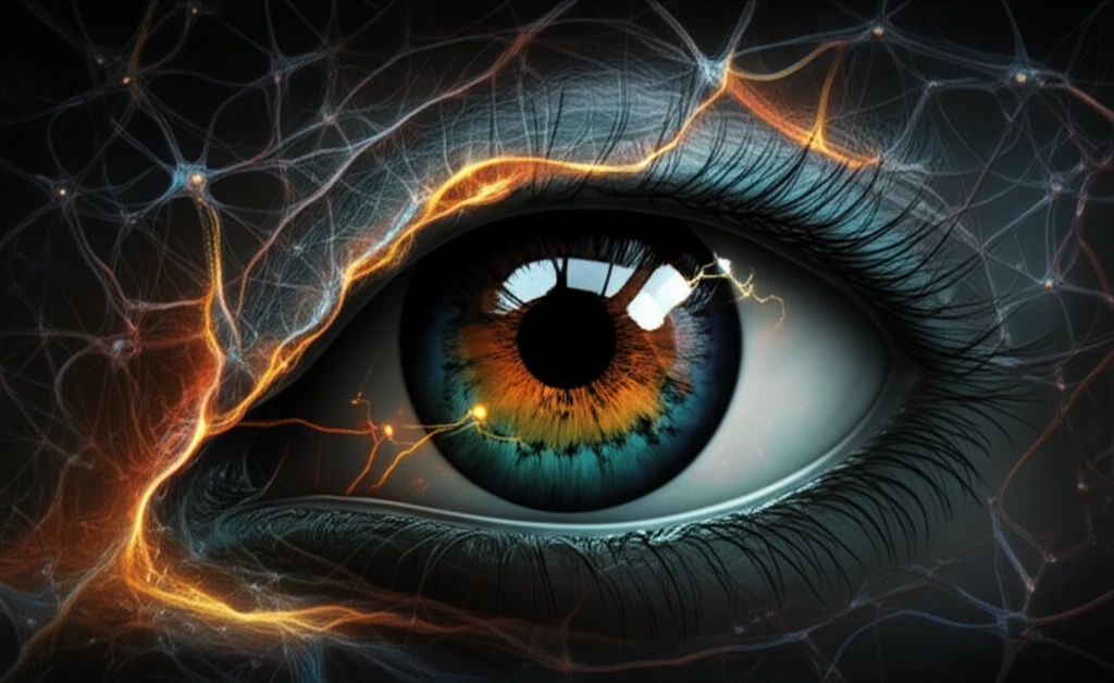 Digital illustration of the human eye showcasing the interconnected neural pathways that process light and dark signals, highlighting the asymmetry in their function.