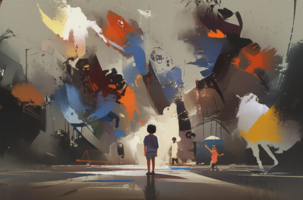 A child stands alone in a playground, surrounded by representations of sadness, fear, and rejection.