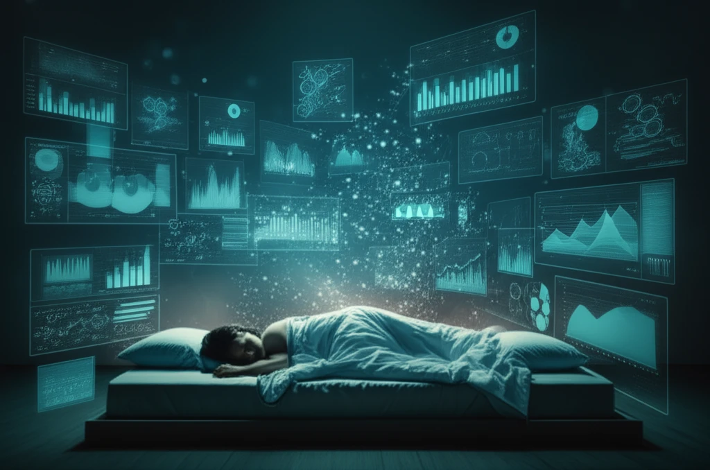 A couple in bed surrounded by floating data points, illustrating the concept of sex tracking technology.