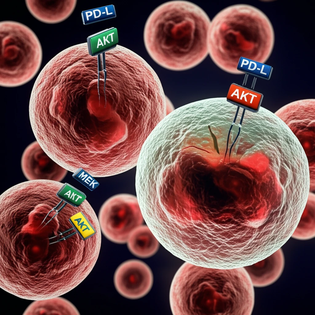 Illustration of KRAS mutant lung cancer cells interacting with MEK and AKT inhibitors, showing dynamic changes in PD-L1 expression.
