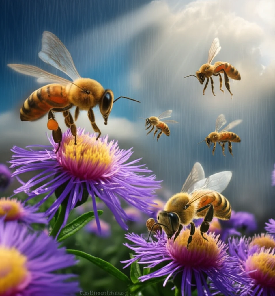 Honeybees foraging on Vernonia polyanthes flowers, symbolizing the impact of temperature and humidity.