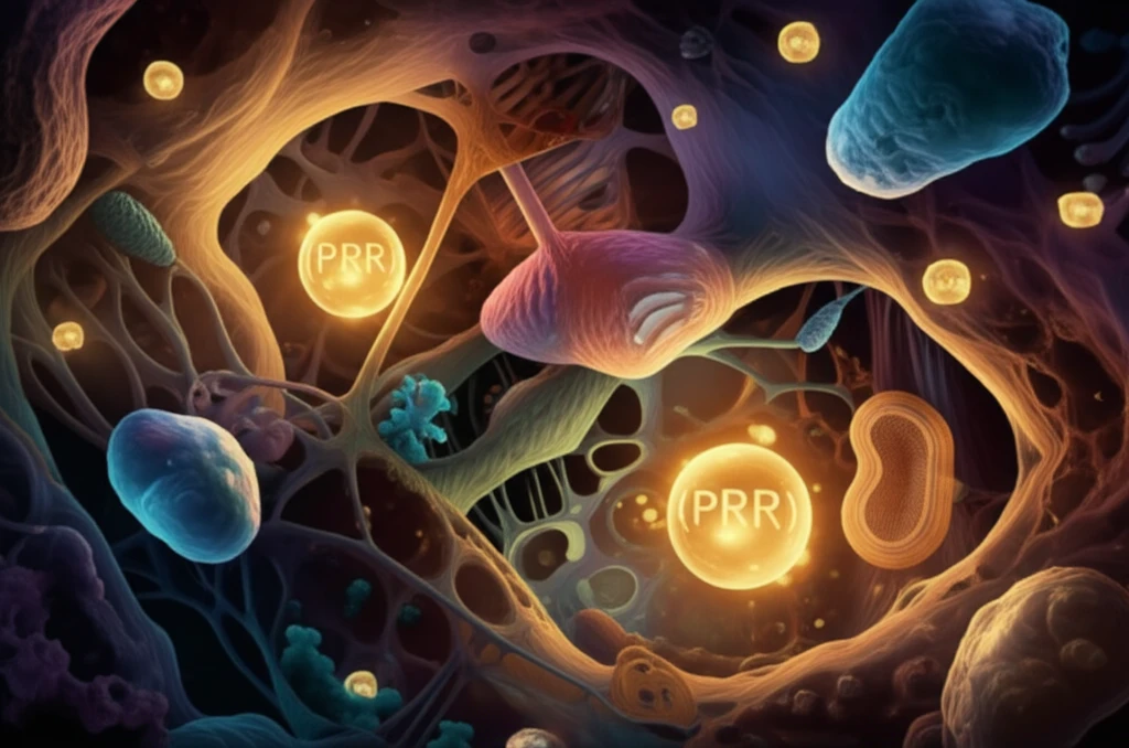 Microscopic view inside a human cell, showing glowing (Pro)renin Receptors ((P)RR) navigating a network of organelles, symbolizing their diverse functions.