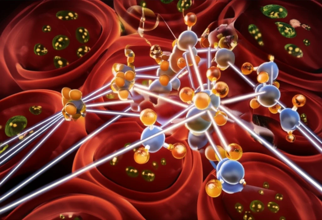 Microscopic view of liver cells with insulin receptors and fat molecules, symbolizing glucocorticoid-induced insulin resistance and the role of Angptl4.
