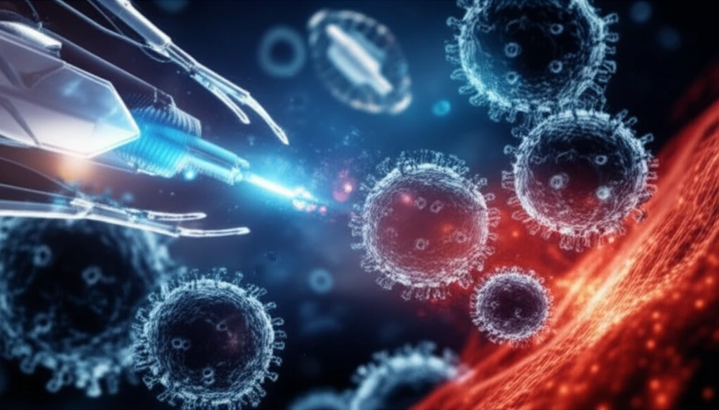 Surreal illustration of medical technologies eradicating HIV.