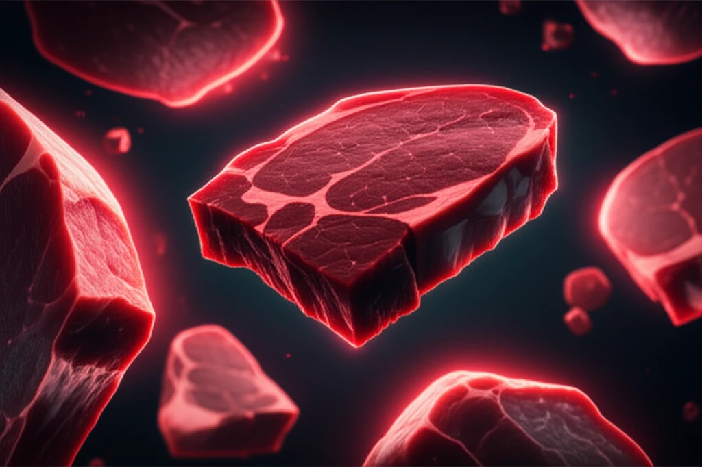 Vibrant red pork cuts with a glowing aura, symbolizing cysteamine's antioxidant effects.
