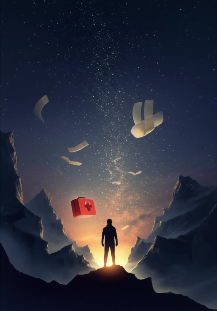 Hiker silhouette with bandages and first aid kit against a mountain backdrop, symbolizing wilderness safety and injury prevention.