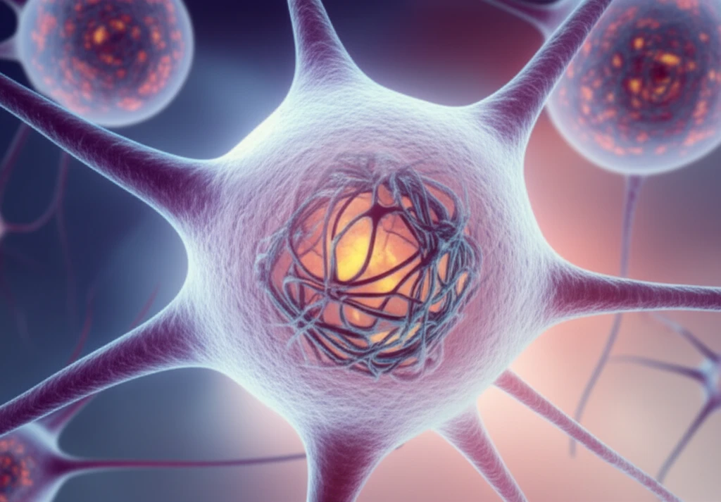 Tangled alpha-synuclein proteins within a neuron