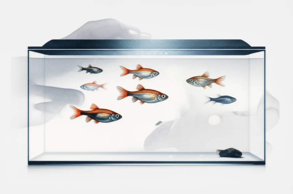 Zebrafish in a surreal aquarium, symbolizing social dynamics and environmental influence.