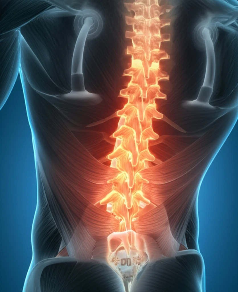 Glowing thoracolumbar fascia with ultrasound waves for pain relief.