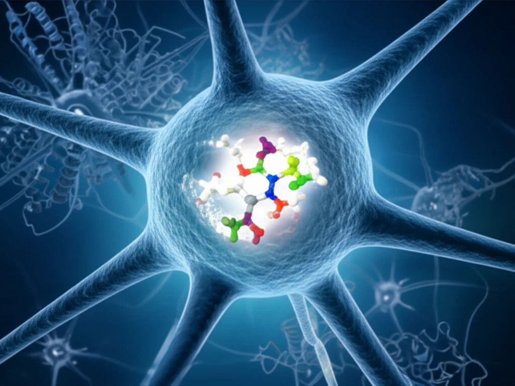 Illustration depicting tangled proteins inside a neuron with a spotlight on 27-hydroxycholesterol.