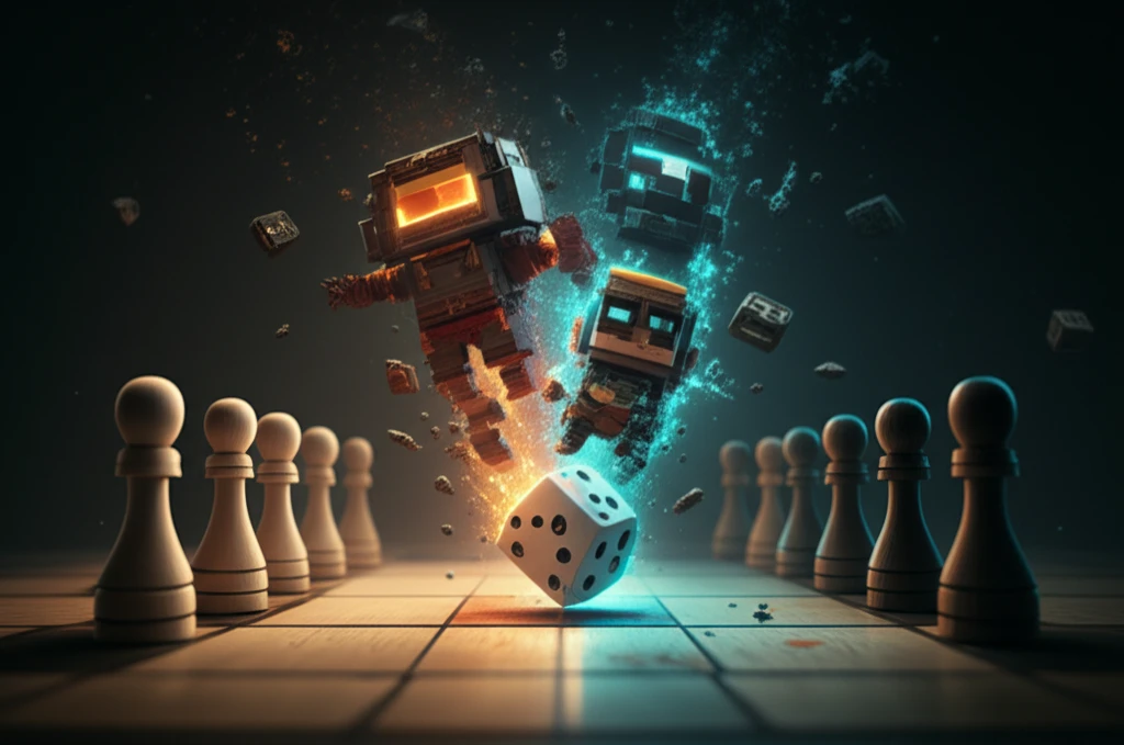 Board game pieces transforming into video game characters.