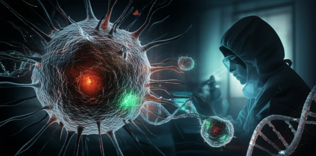 Surreal illustration of melanoma cells with DNA and a researcher observing the glow of MMP-9 markers.