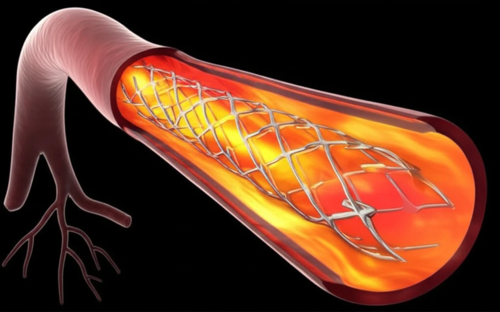 Coronary artery with stent and blood flow illustration
