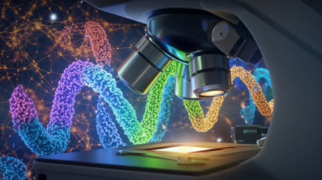 Illustration of Affimers and DNA strands interacting within a cell under a super-resolution microscope.