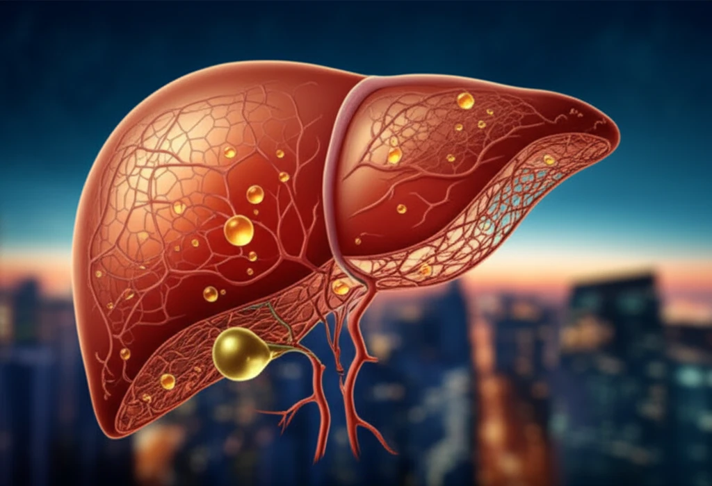 Surreal illustration of fatty liver intertwined with cancer cells, representing the NAFLD-liver cancer connection.