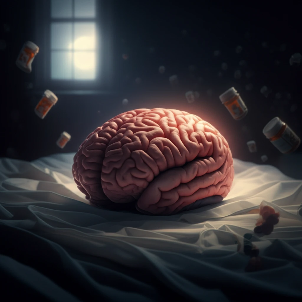 Brain-shaped pillow on a messy bed symbolizing sleep problems after a brain injury.