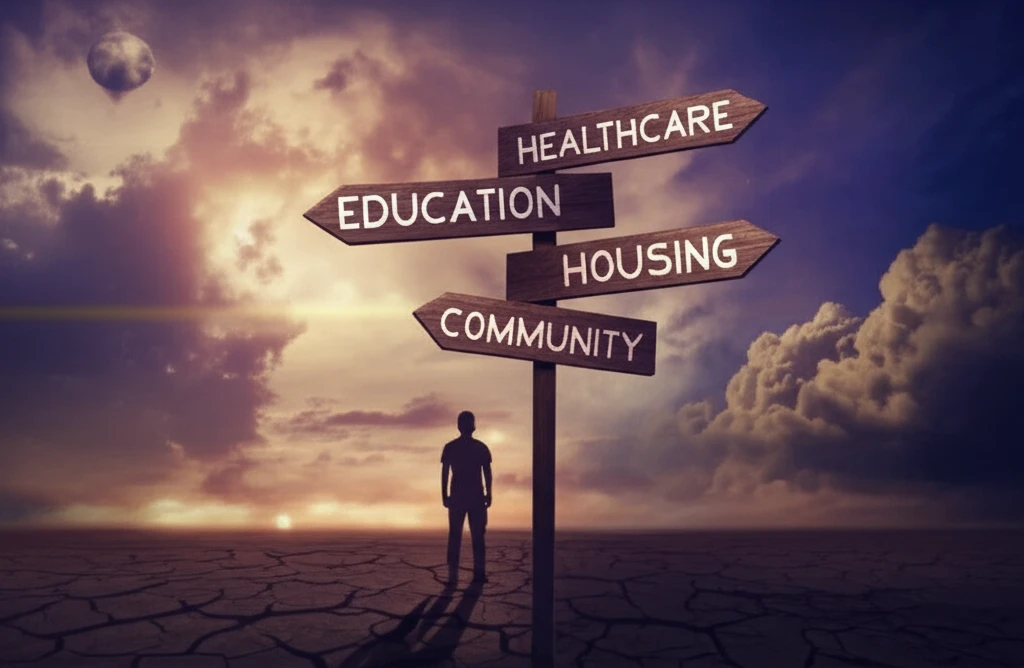 A person at a crossroads symbolizing the impact of social determinants of health.