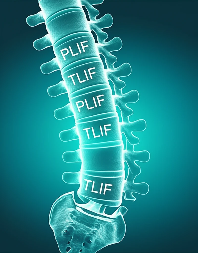 Illustration comparing PLIF and TLIF spinal fusion techniques.