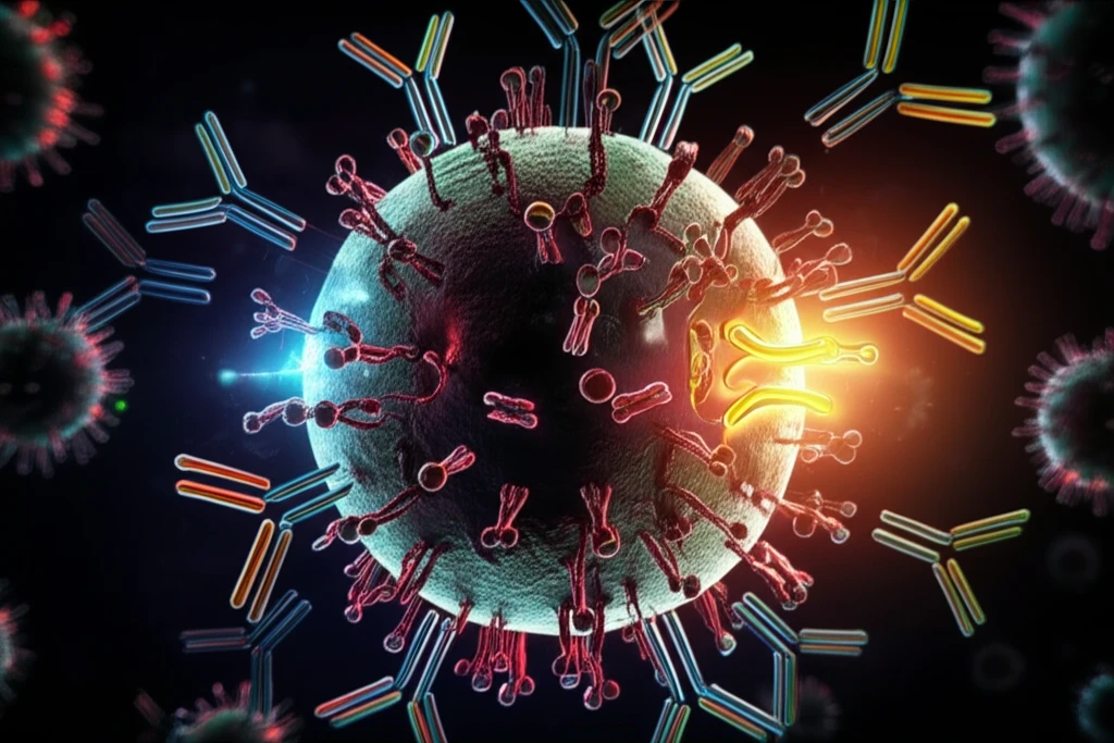 Microscopic view of RSV virus with fusion protein and antibodies