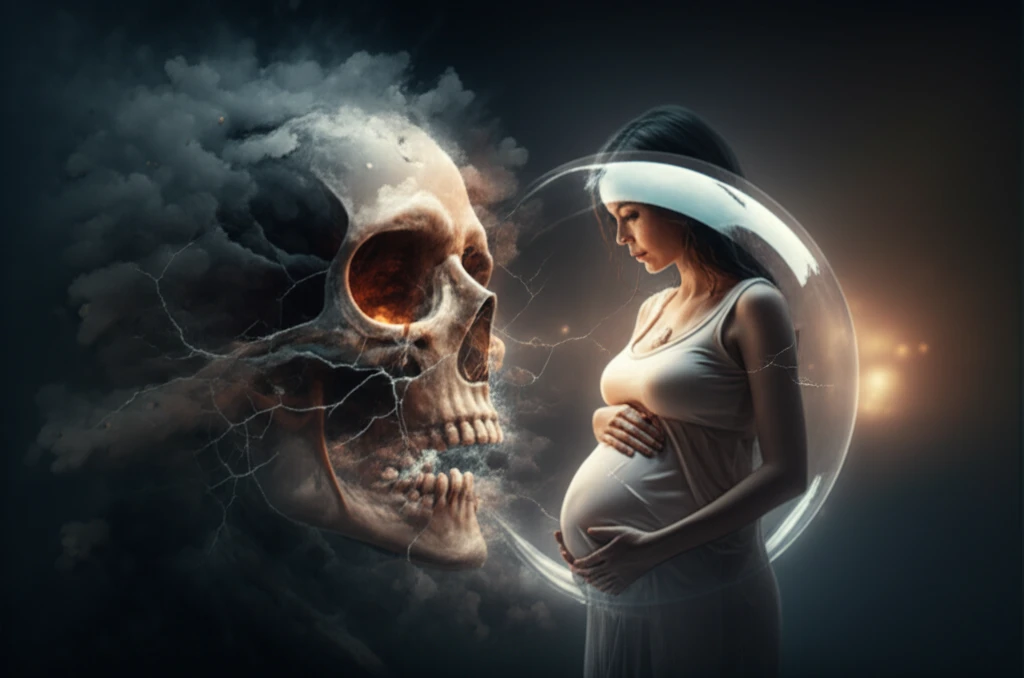 Pregnant woman protected from air pollution by a bubble.