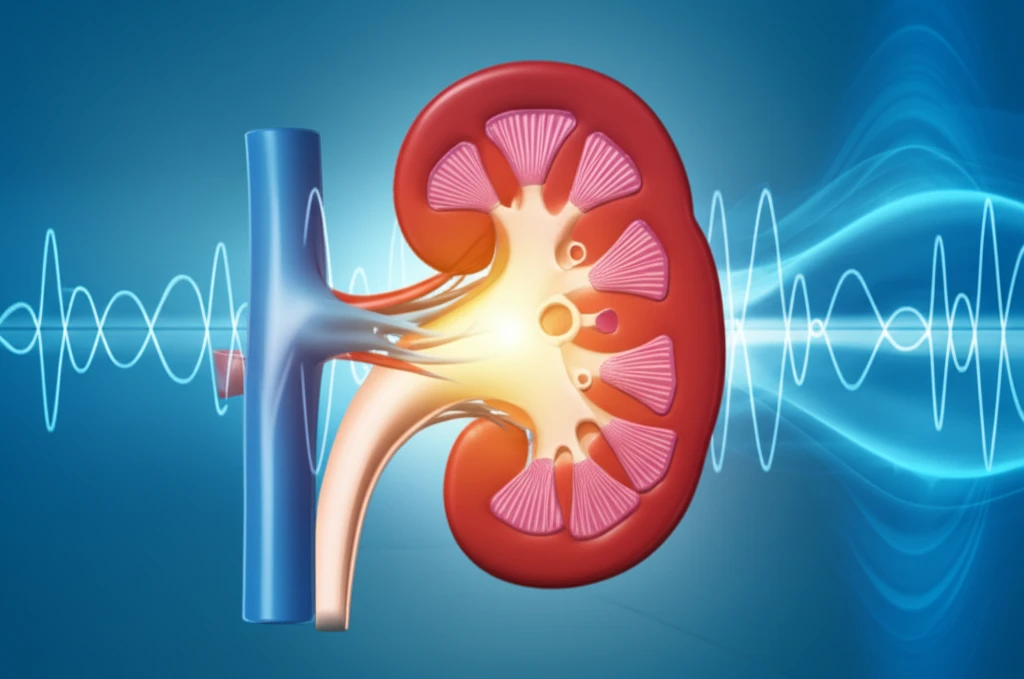 Glowing kidney transplant surrounded by sound waves visualizing tissue health