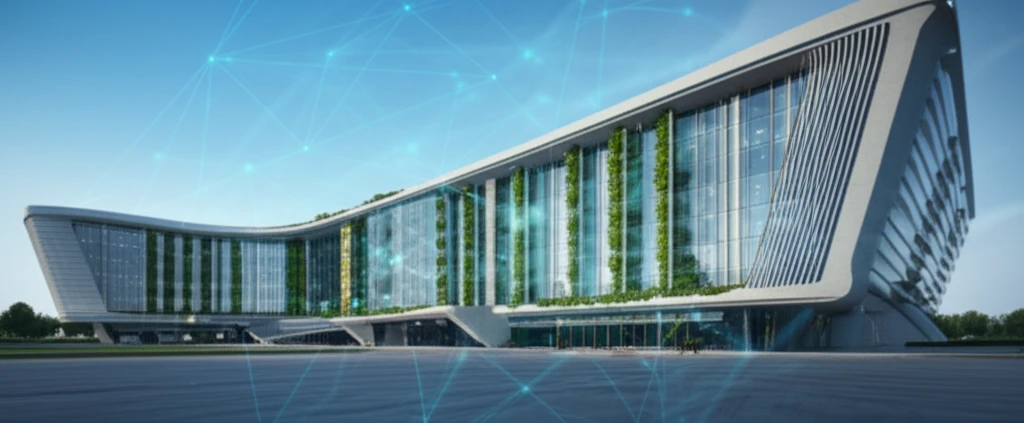 Futuristic government building with a network overlay, symbolizing AI-driven transparency in e-tendering.