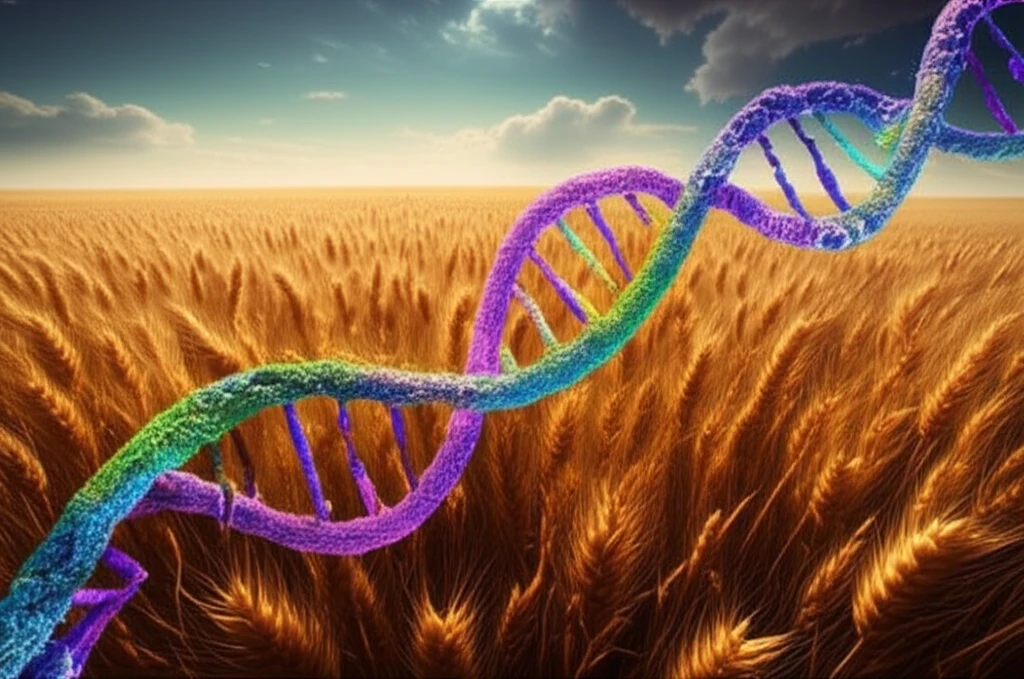 Wheat fields with glowing DNA symbolizing genetic manipulation for enhanced fiber.