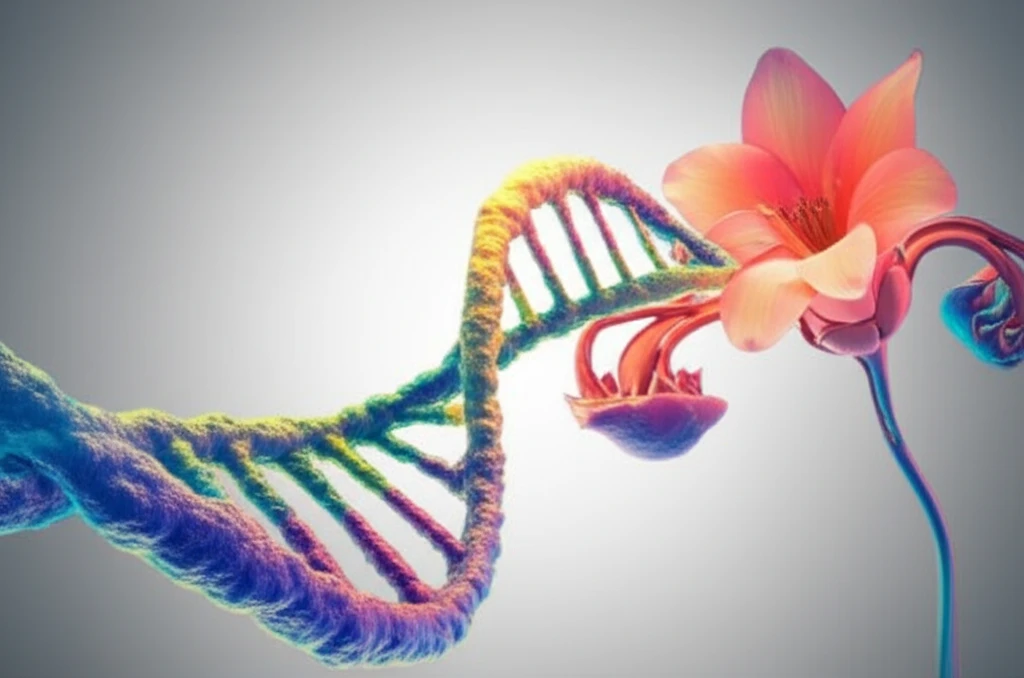 DNA helix intertwined with ovarian flower, representing genetic pathways in ovarian cancer.