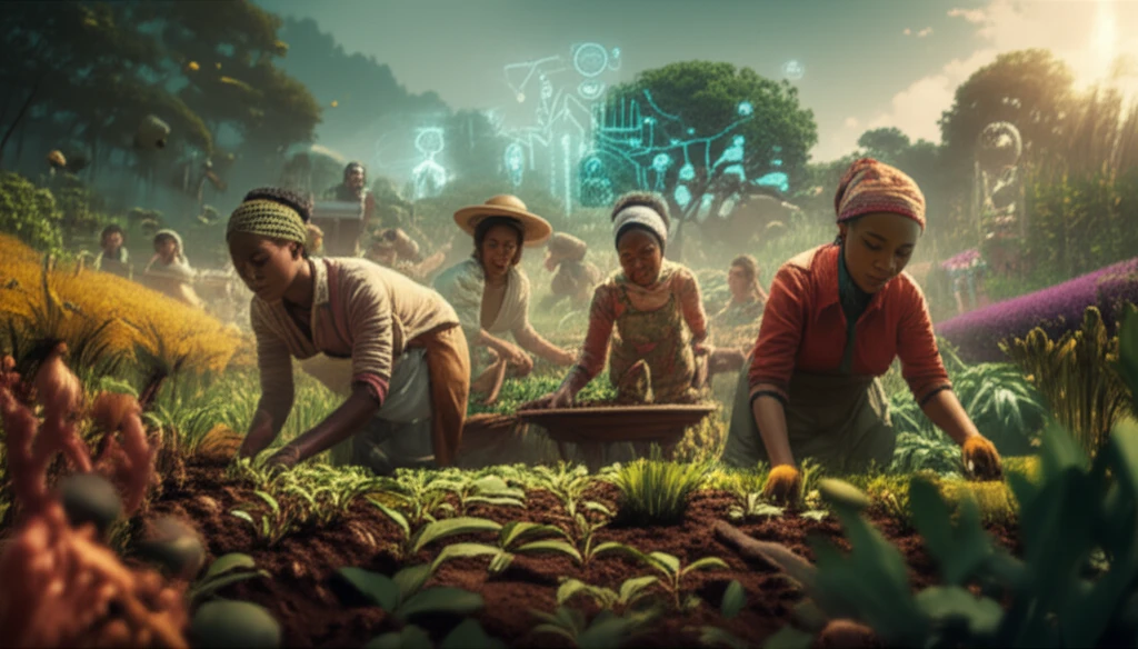 Empowered women farmers working together in a vibrant, sustainable agricultural landscape.