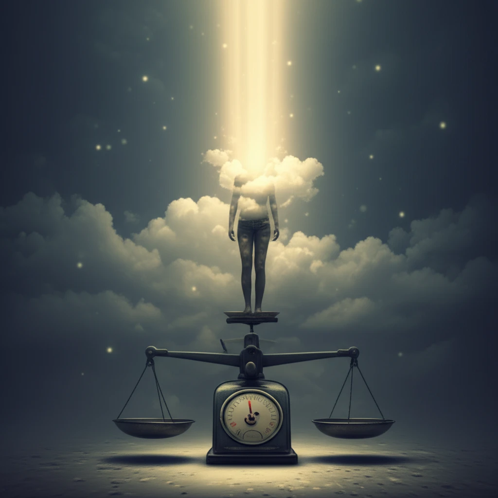 Person on a set of weighing scales emitting lights.