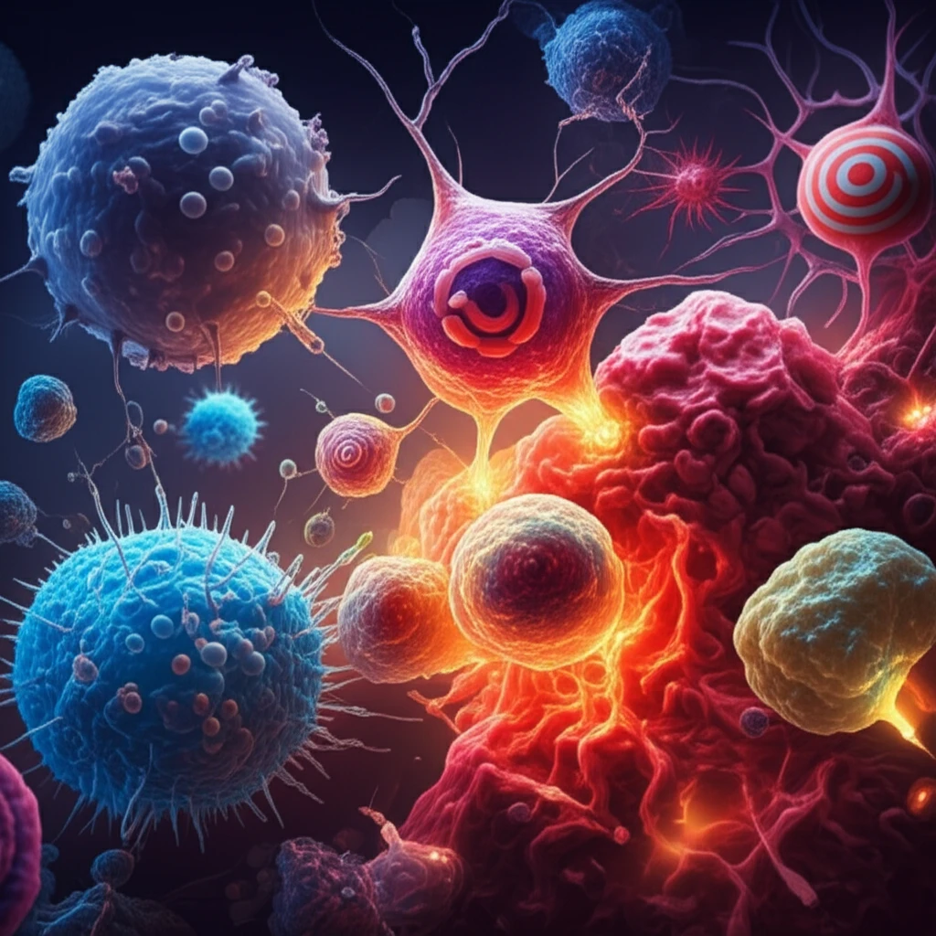 Immune cells attacking cancer cells, illustrating targeted therapy.