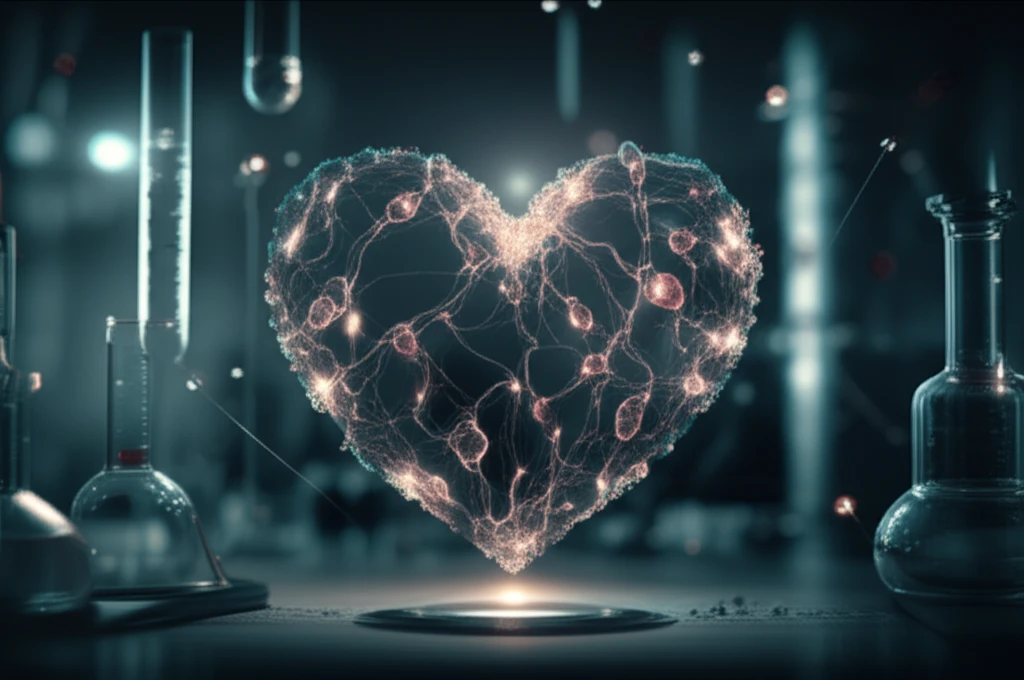 Interconnected glowing stem cells forming a heart shape, symbolizing regenerative medicine and cardiovascular health.