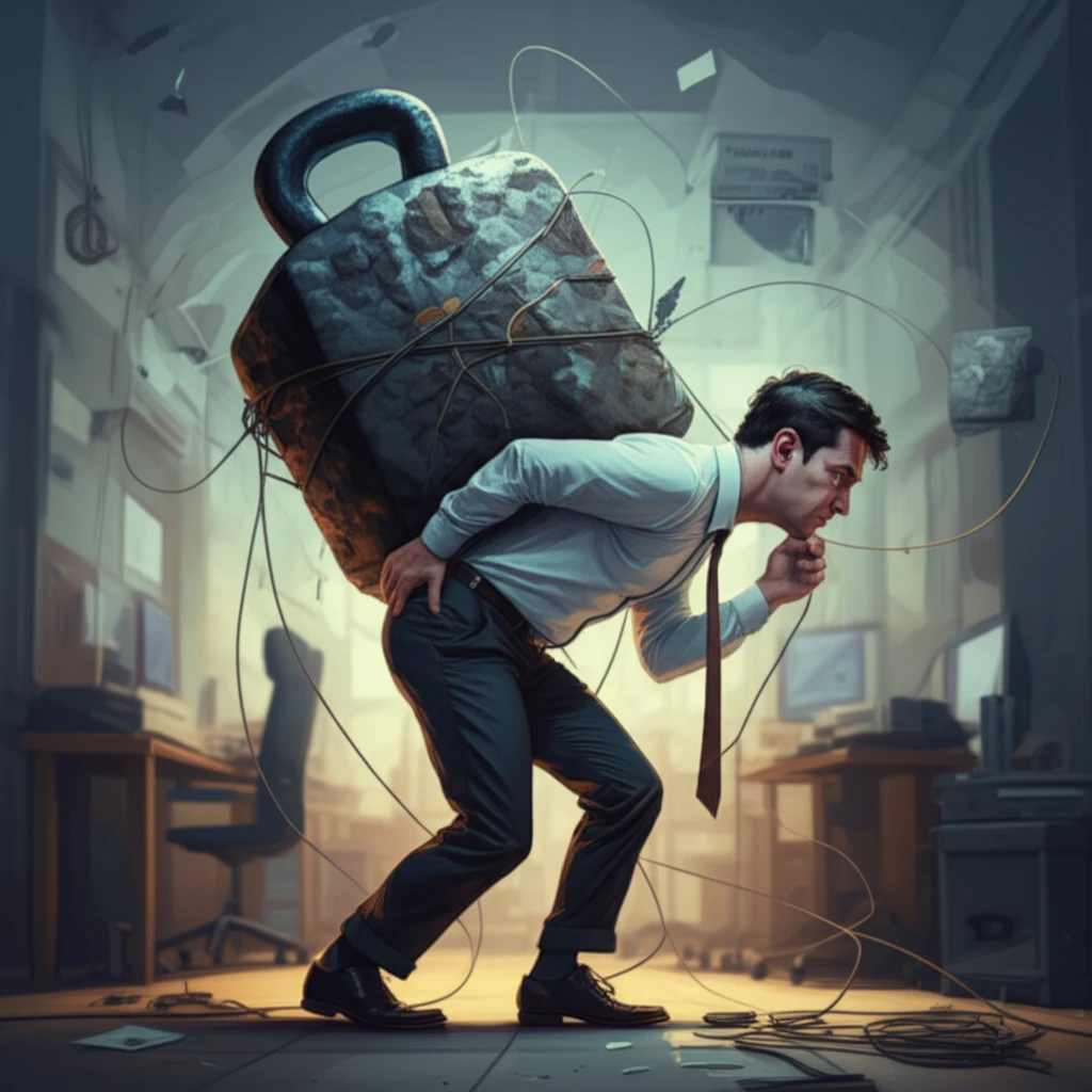 Stressed worker carrying the weight of burnout and back pain in a chaotic office.