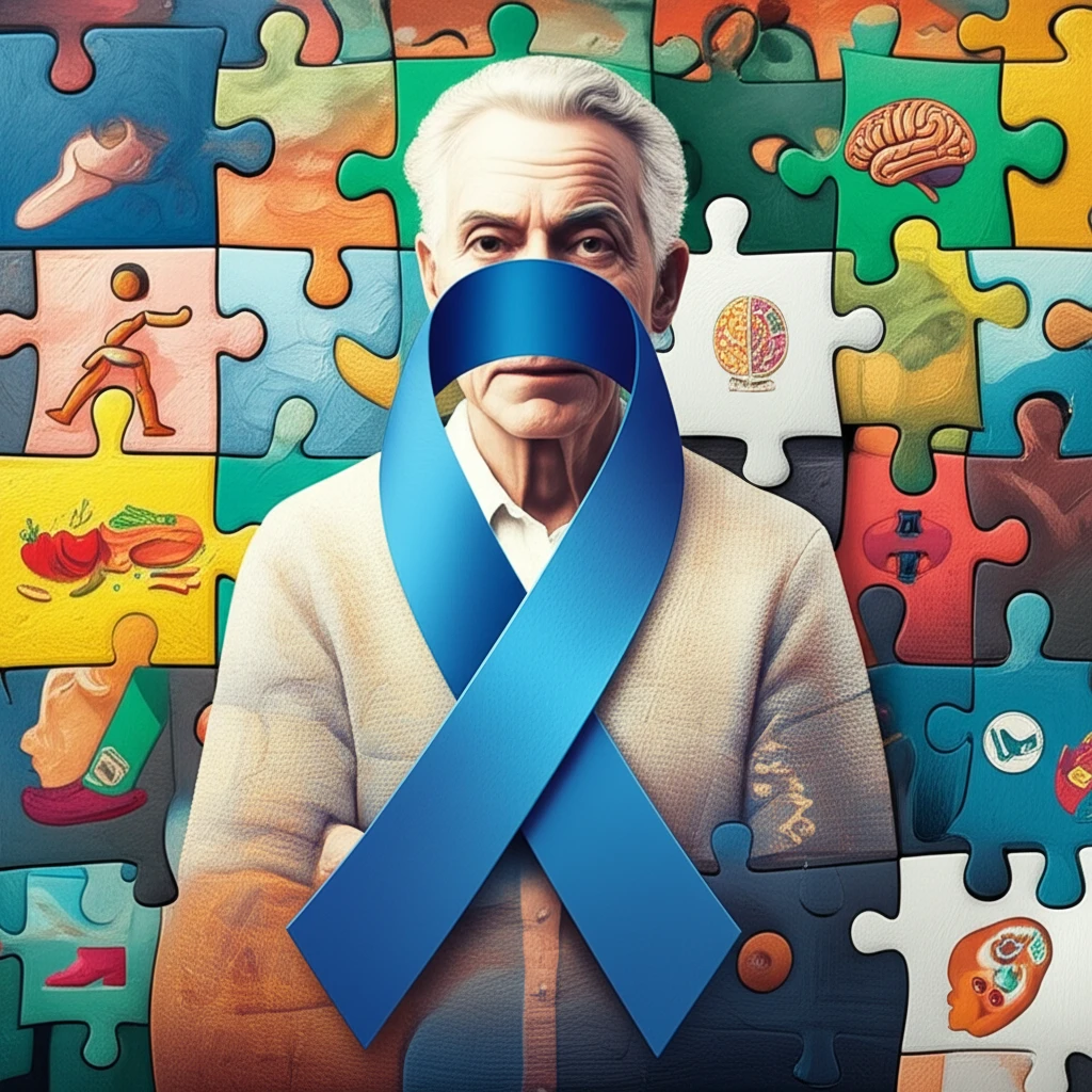 Surreal illustration symbolizing geriatric health assessment and colorectal cancer.