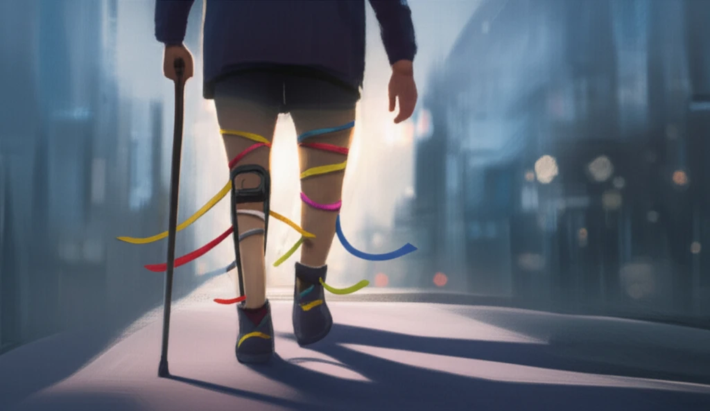 Person using a cane with colorful tapes, symbolizing stroke rehabilitation.