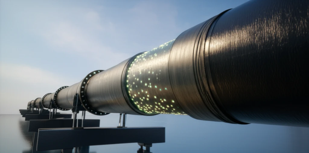 Surreal illustration of a pipeline with composite wrap and epoxy grout, highlighting its strength.