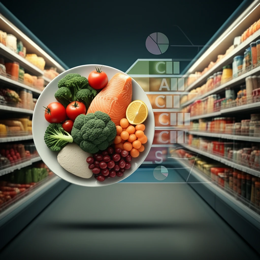 Balanced plate of food with Healthy Eating Index overlay representing food shelf nutrition.