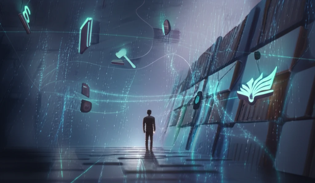 A person navigating a maze of data streams, symbolizing internet law.