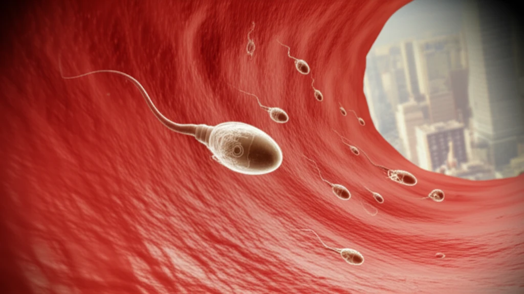 Sperm cell swimming through a blood vessel, cityscape in background