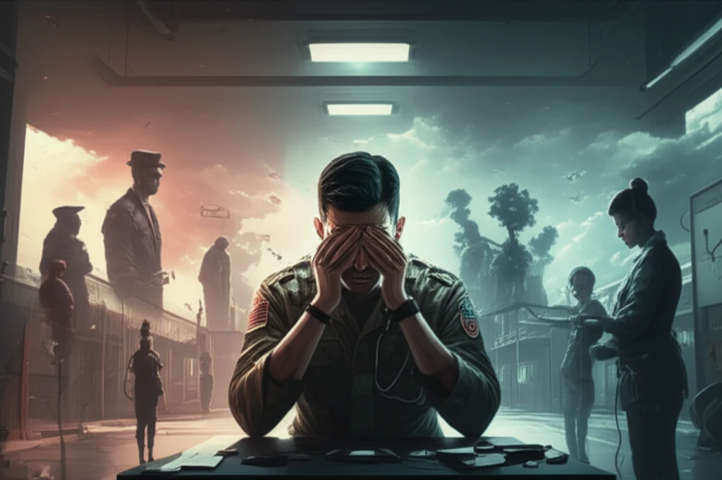 Surreal illustration of military mental health provider burnout.