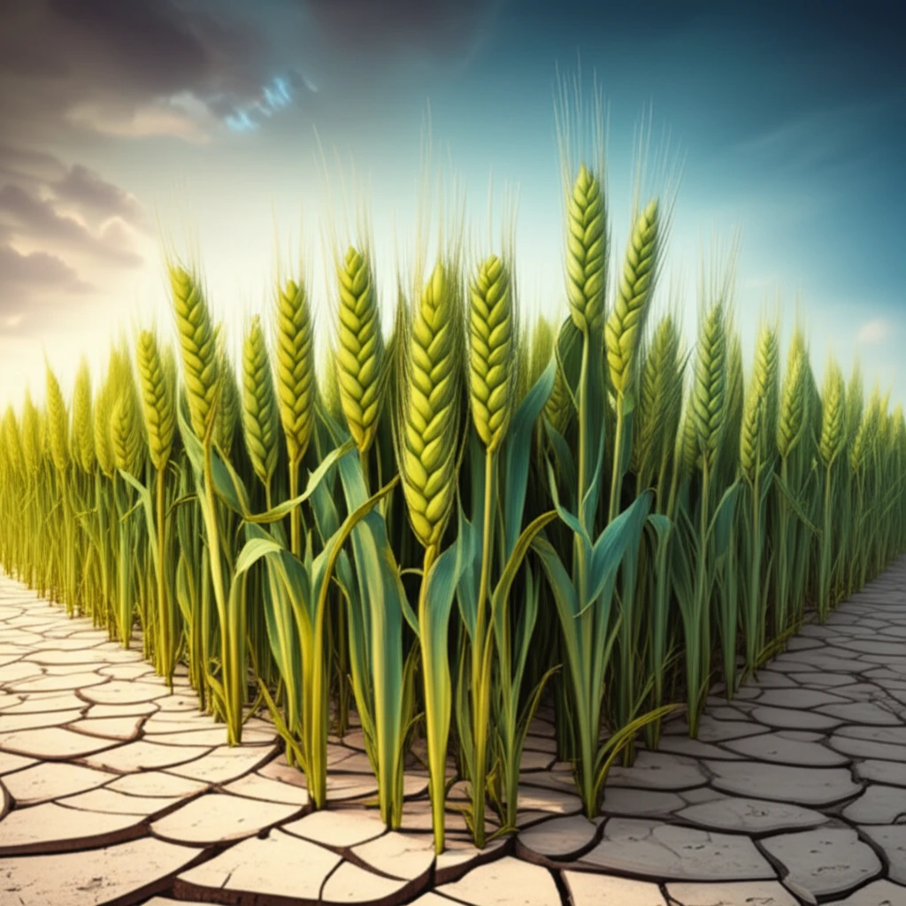 Resilient wheat field growing in saline conditions, symbolizing hope and innovation in agriculture.