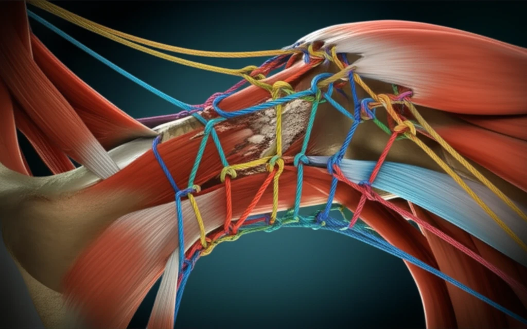 Rotator cuff repair illustration showing suture bridge technique