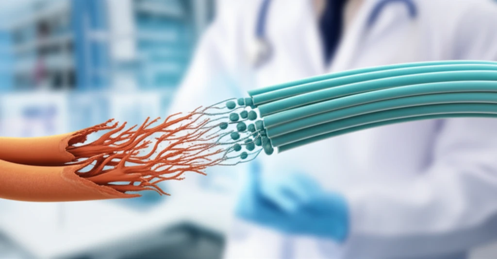 Illustration comparing damaged tendon fibers (tendinosis) to healthy, aligned tendon fibers, representing the concept of tendon repair and healing.