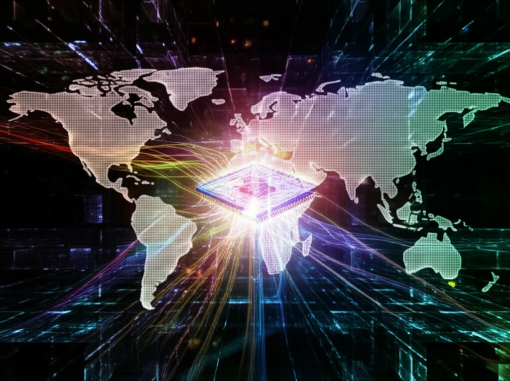 Global map with data streams converging on a CPU, representing parallel GIS analysis.