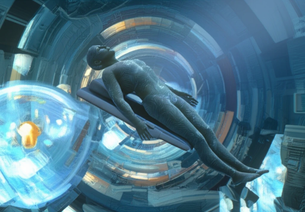 Serene figure floating above a calm medical landscape.